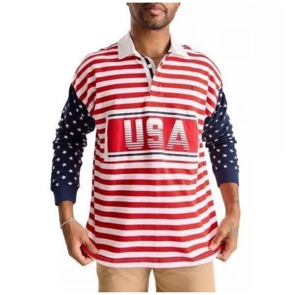 NWT Chubbies Let Freedom Ring American Flag Long Sleeve Polo Rugby Shirt Mens XL